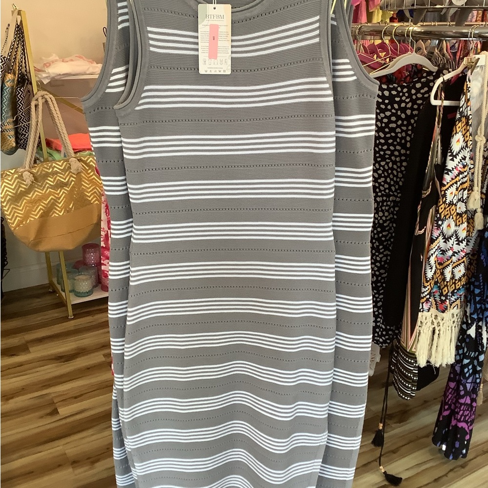 Chic Gray and White Striped Long Sleeve Dress